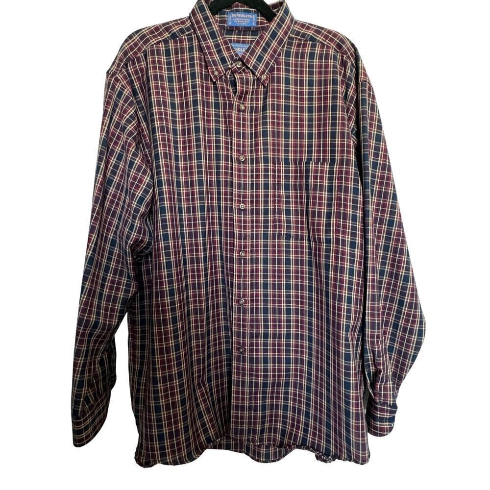 Pendleton Virgin Wool Plaid Button Shirt Burgundy Navy XL Old Money Western